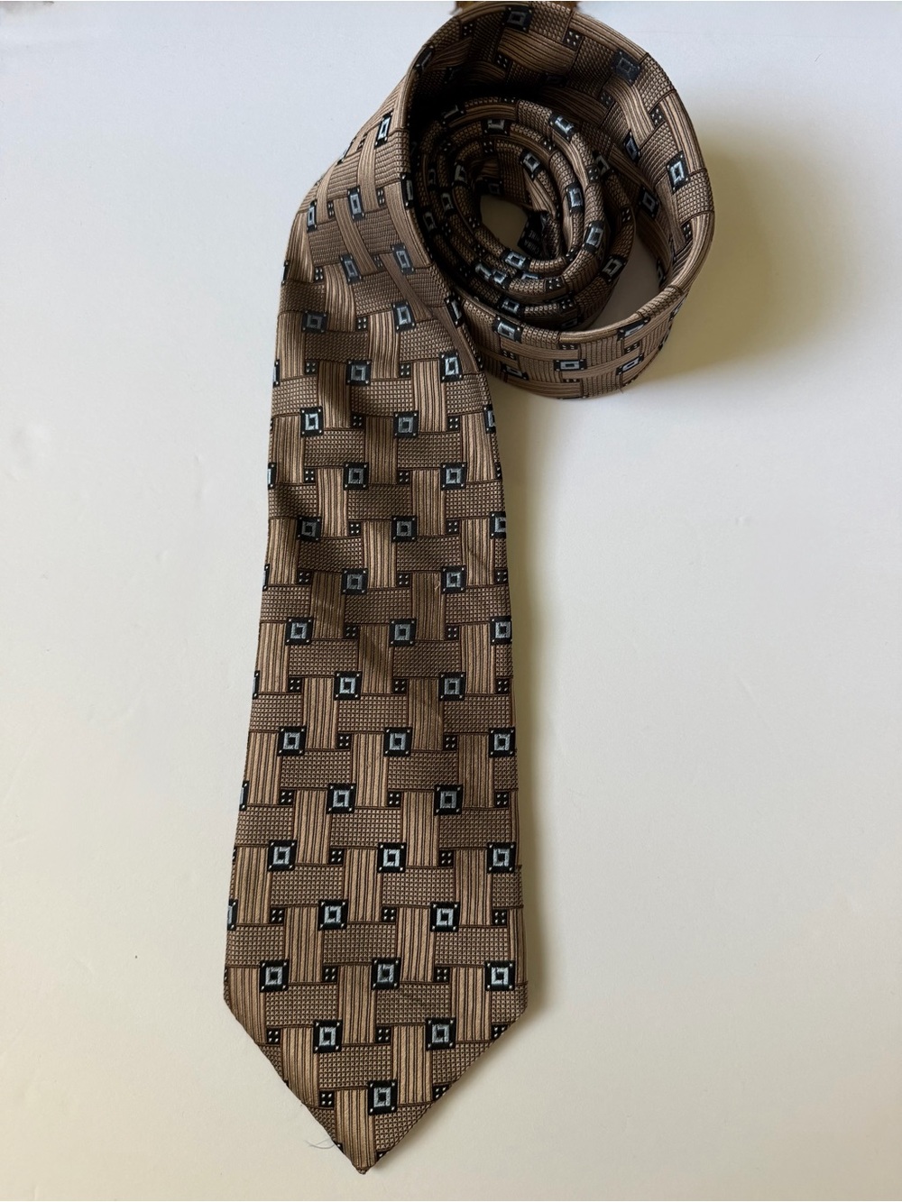 Pronto Uomo Brown Blue Geometric Woven Necktie Classic Wide Tie